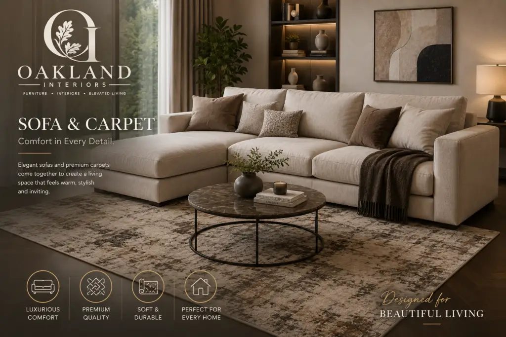 Modern beige sectional sofa with premium area carpet in a stylish living room