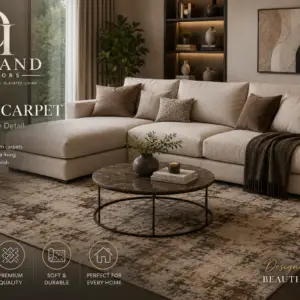 Modern beige sectional sofa with premium area carpet in a stylish living room